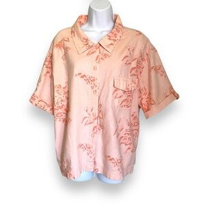 Allyson Whitmore Linen Blend Floral Shirt Peach Pink Vintage Button Down Blouse